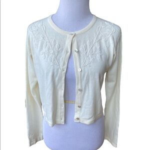 Vintage Reference Point Cream Color Beaded Sweater with Mother of Pearl Buttons